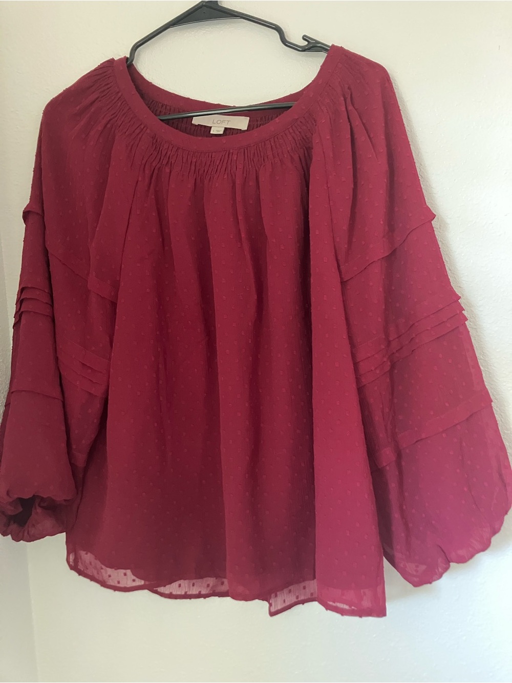 LOFT Fuchsia Swiss Dot Peasant Blouse (L)
